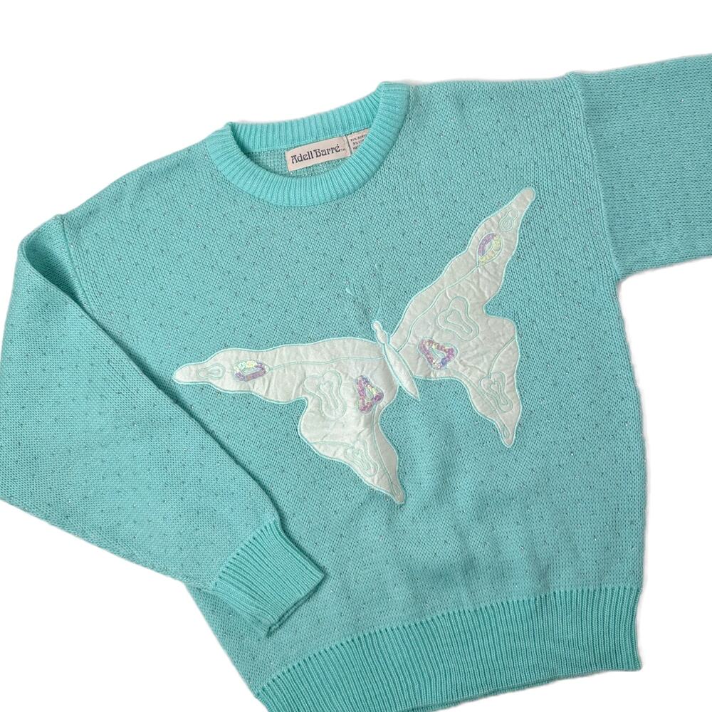 Vtg 80s Adell Barré Sequin Butterfly Appliqué Polka Dot Sweater size Medium